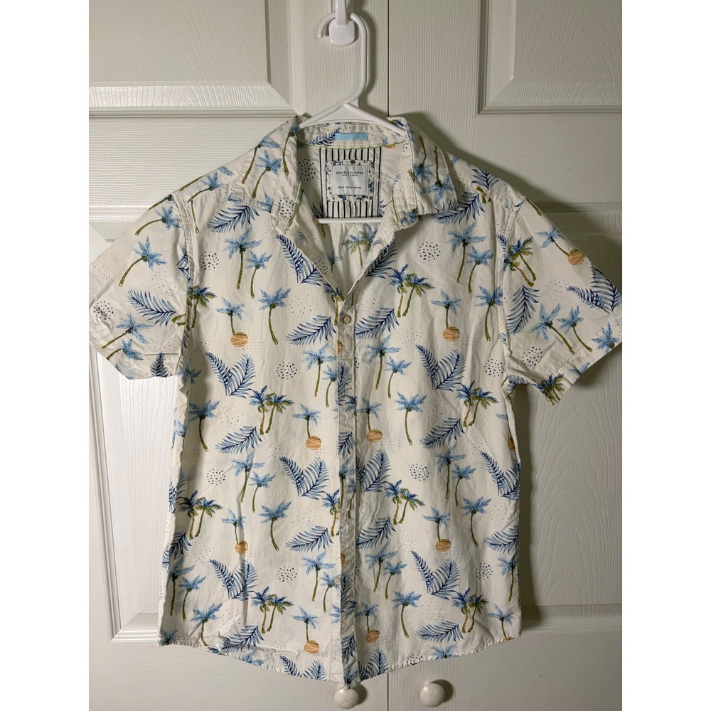 Denim & Flower Ricky Singh Men Medium Palm Tree Tropical Button Down Shirt White